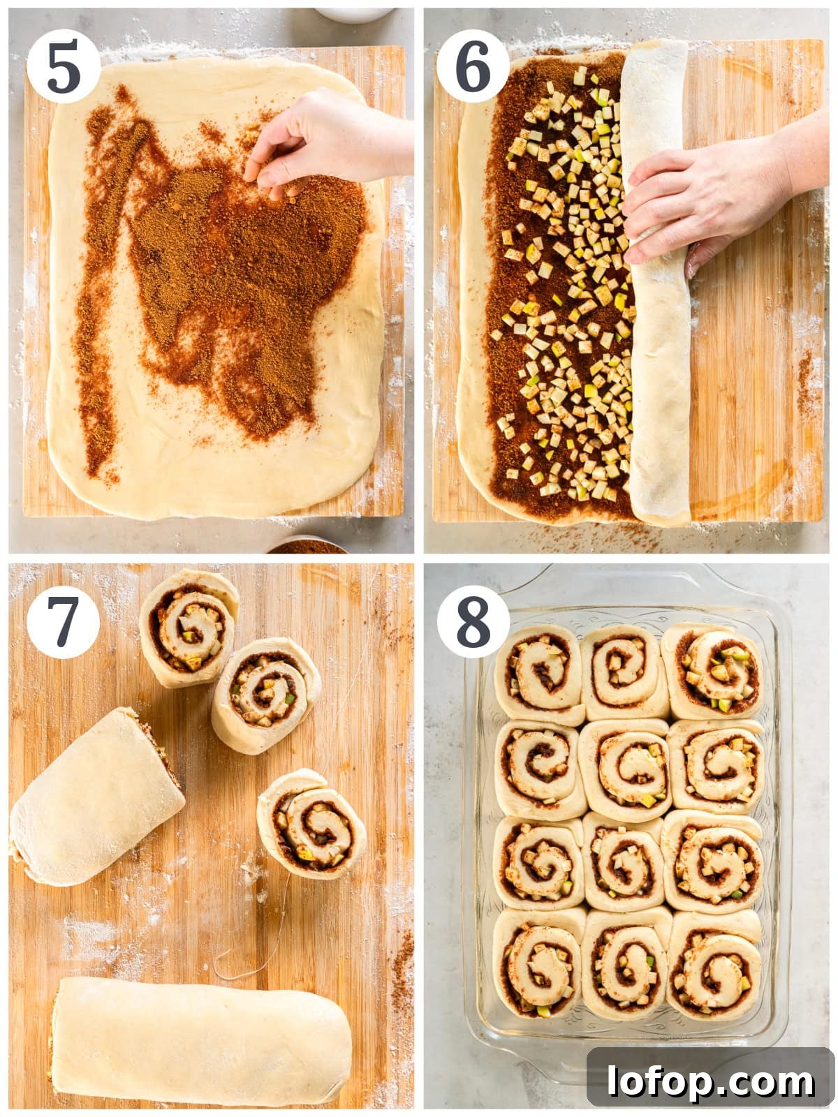 photo collage demonstrating how to fill, roll and cut apple cinnamon rolls.