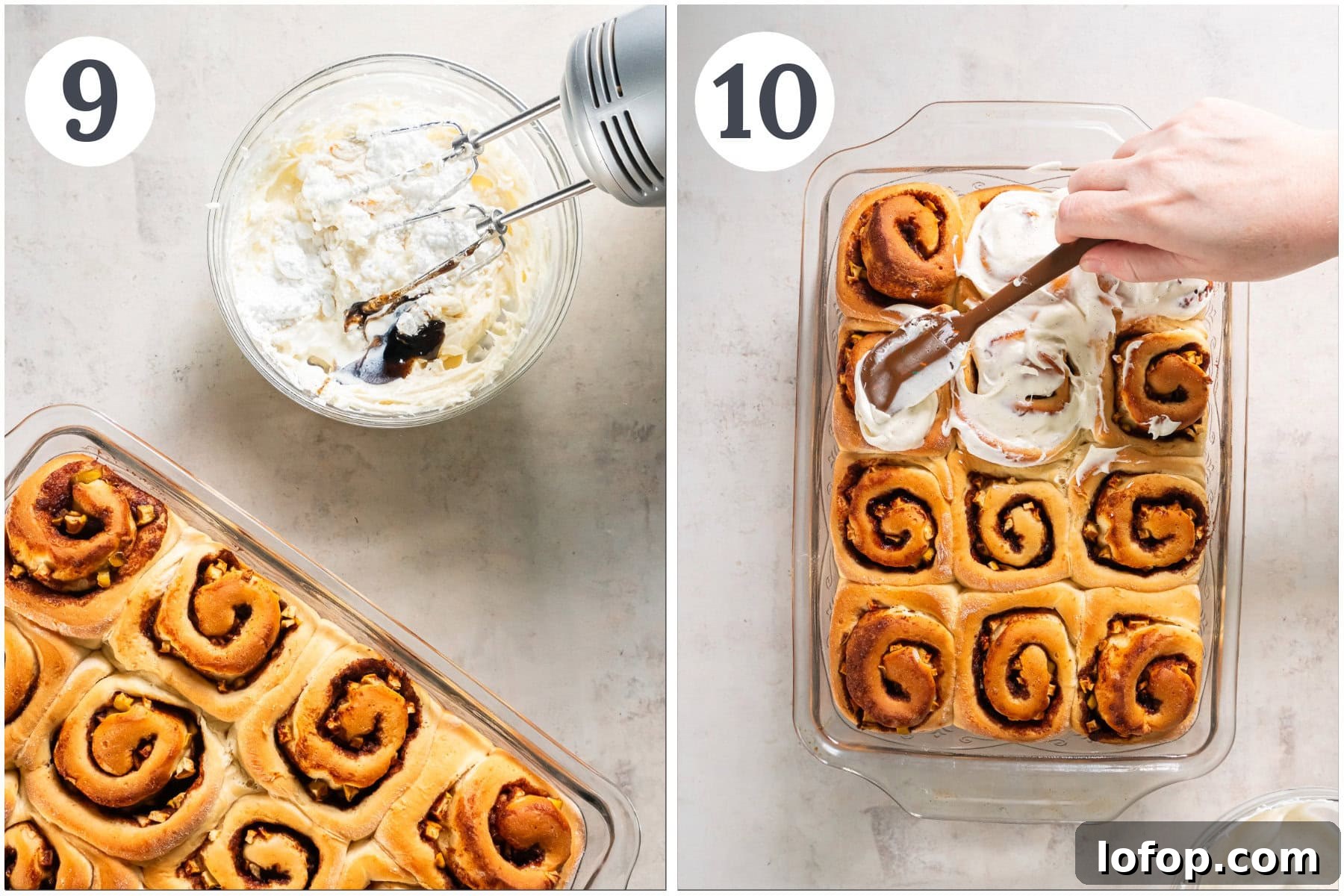 photo collage demonstrating how to make cream cheese icing for apple cinnamon rolls.