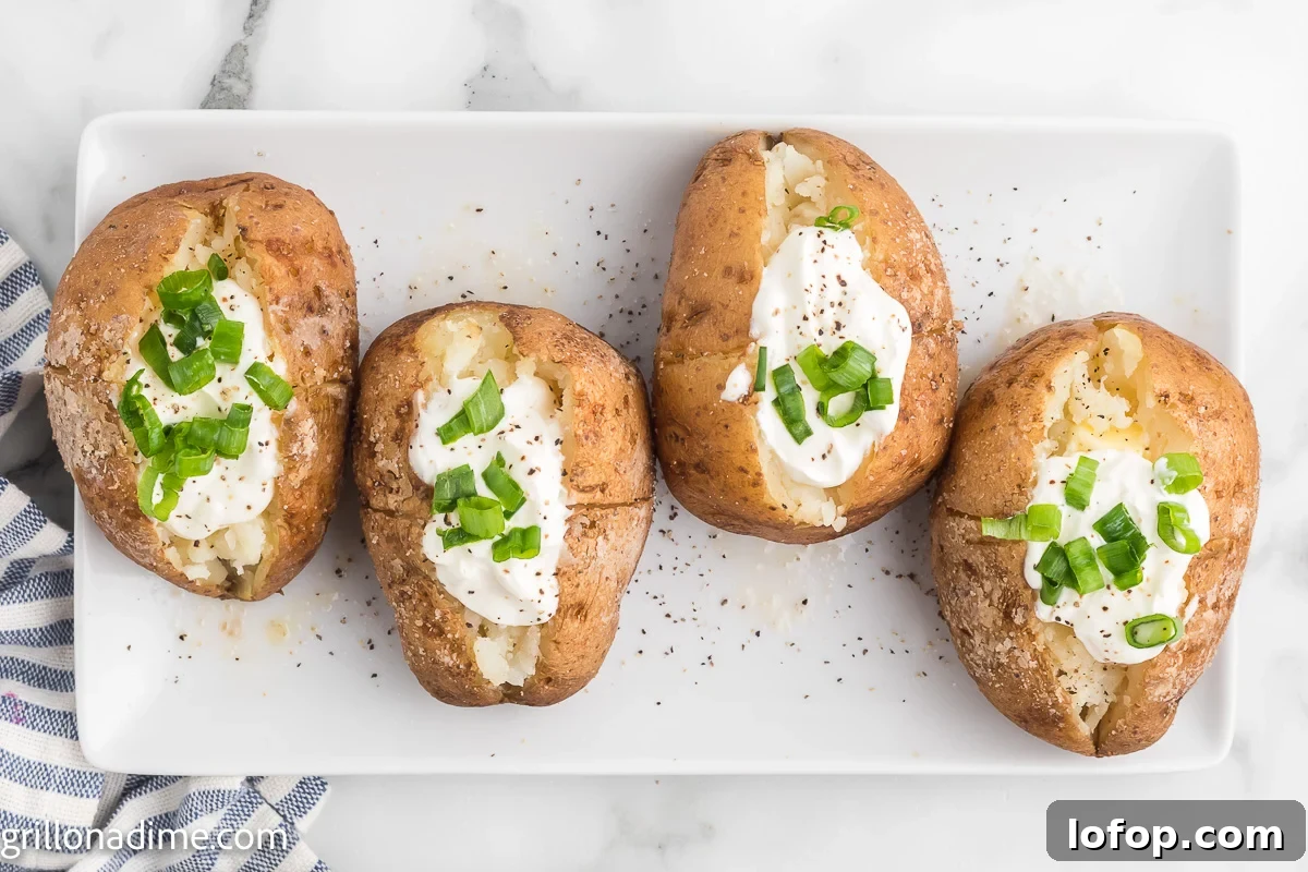 Smoked Baked Potatoes Recipe: Crispy Skins and Tender Centers 2 Smoked baked potatoes on a white platter topped with sour cream and chives