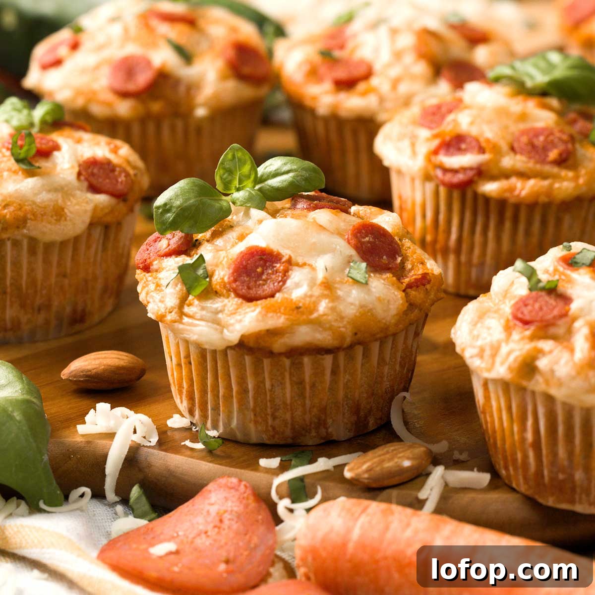Fluffy Almond Flour Pancakes — Gluten-Free Recipe 6 Gluten-Free pizza muffins on a cutting board.