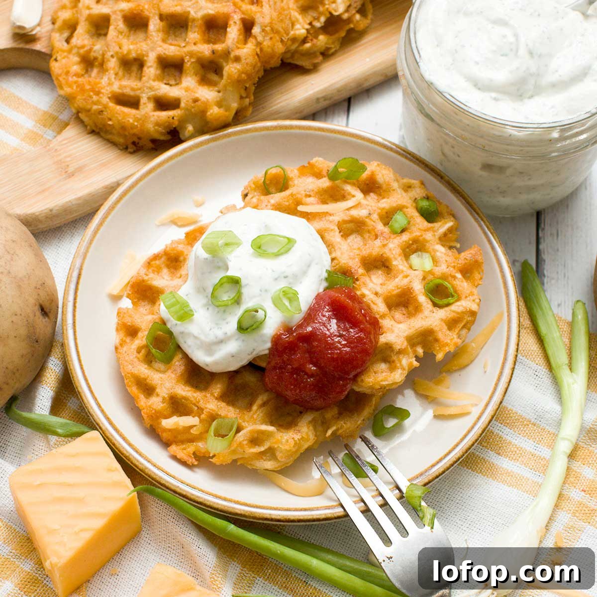 Fluffy Almond Flour Pancakes — Gluten-Free Recipe 8 Crispy potato waffles on a plates with cottage cheese ranch dip.