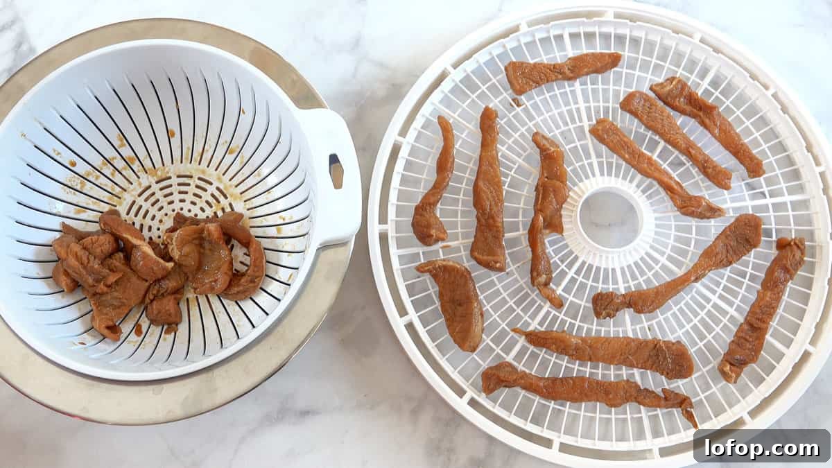 Homemade Turkey Jerky Recipe: Tender, Flavorful & Easy to Make 6 turkey jerky in colander and on dehydrator tray