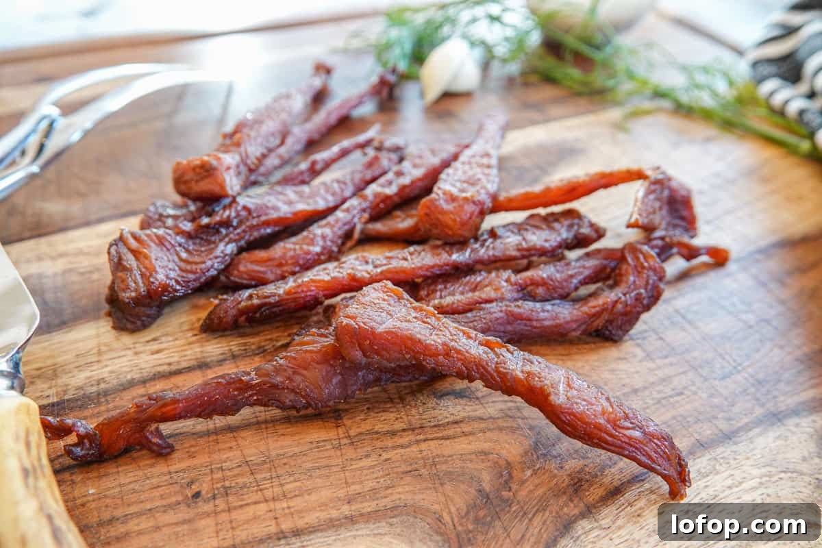 Homemade Turkey Jerky Recipe: Tender, Flavorful & Easy to Make 8 turkey jerky on cutting board close up