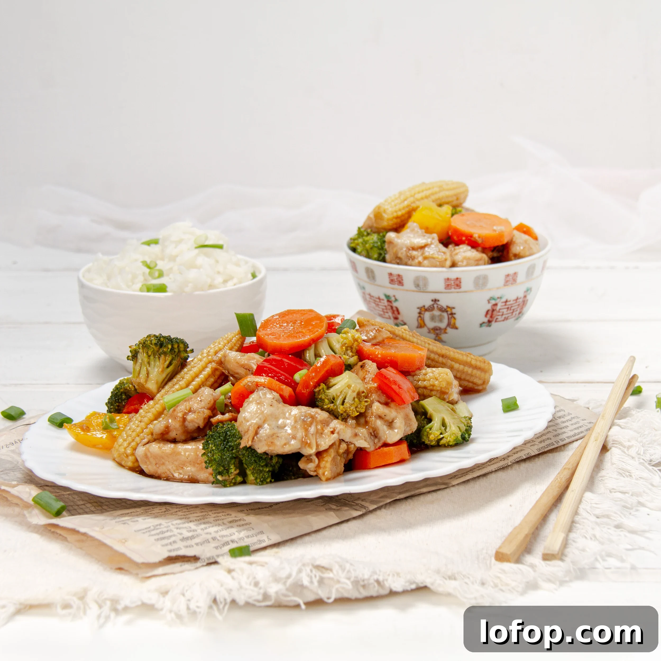 Quick Chicken Stir-Fry with Veggies and Garlic Sauce 2 Fresh and healthy Chicken Stir Fry with vegetables on a plate.