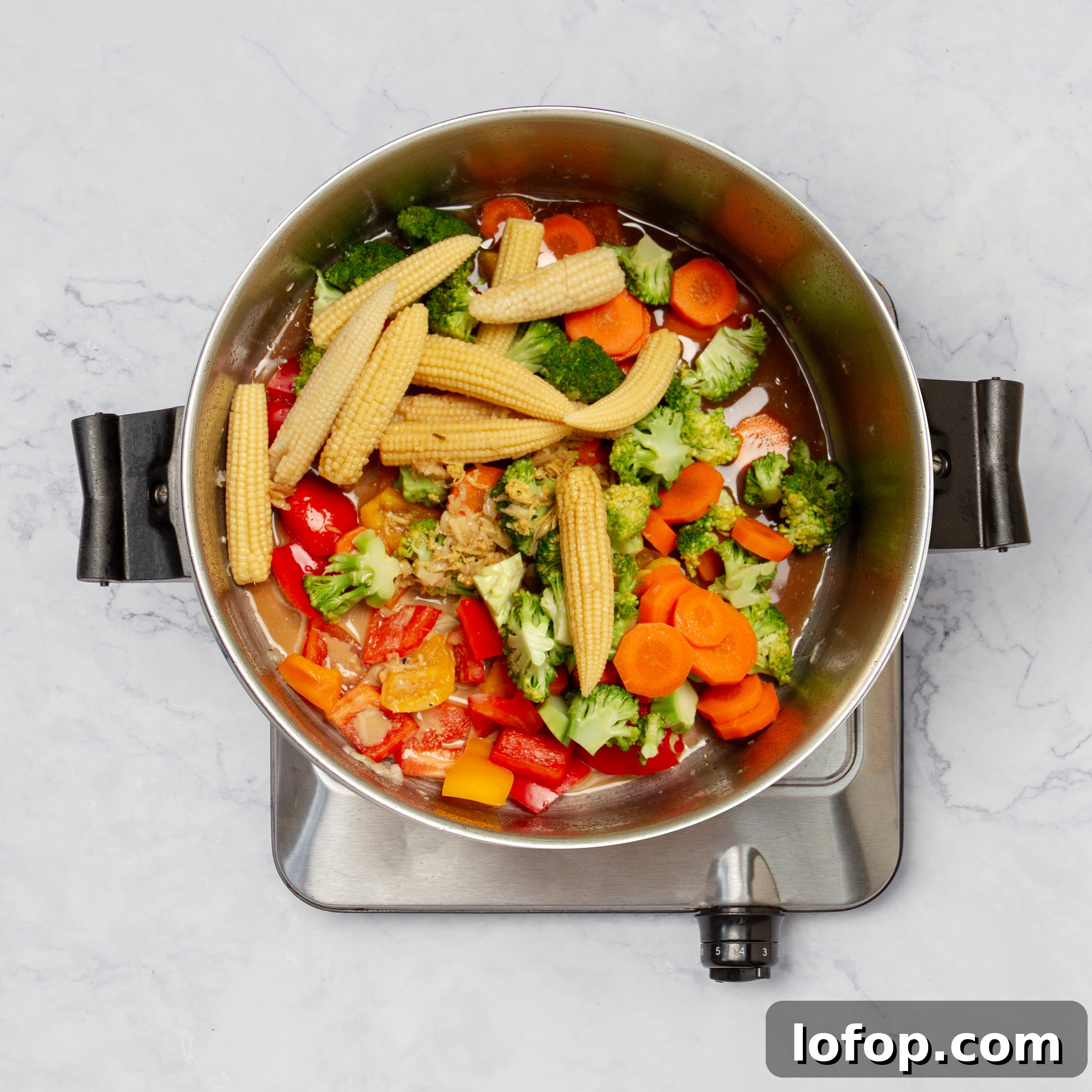 Quick Chicken Stir-Fry with Veggies and Garlic Sauce 8 Fresh veggies combined with sauce and chicken in the stir fry pan.