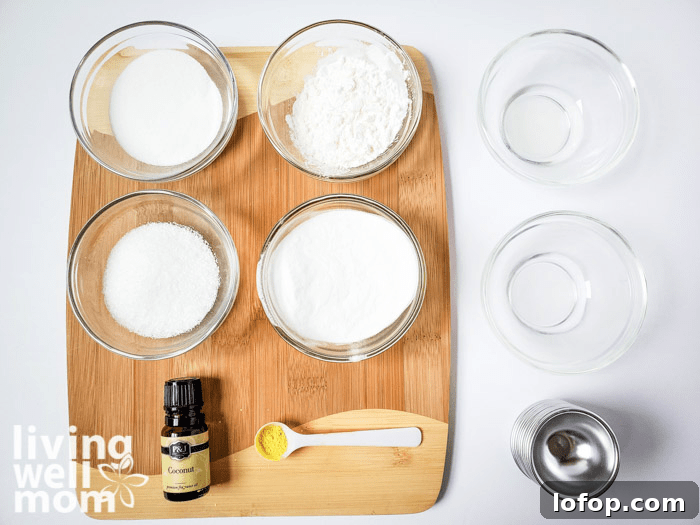 DIY Coconut Bath Bombs for Deep Hydration and Soft Skin 6 Ingredients for DIY bath bomb recipe including coconut oil.