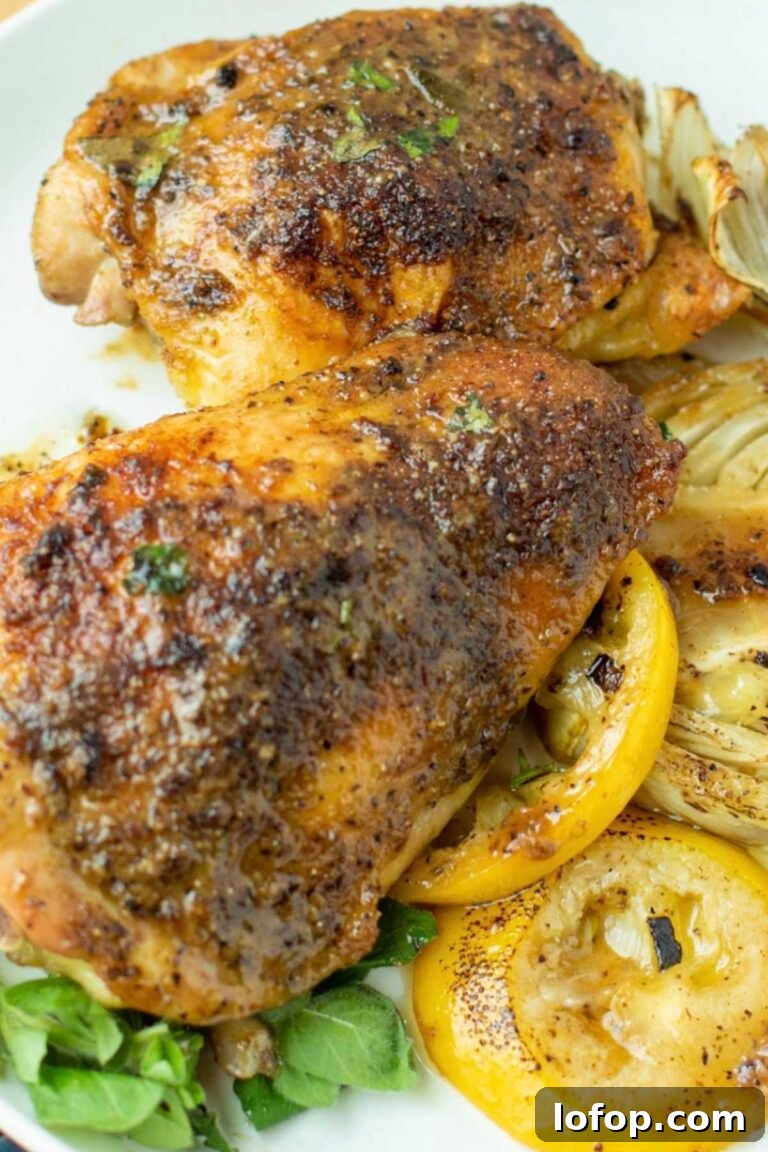Baked chicken thighs with a herb crust, served with lemon slices and roasted fennel on a white plate.