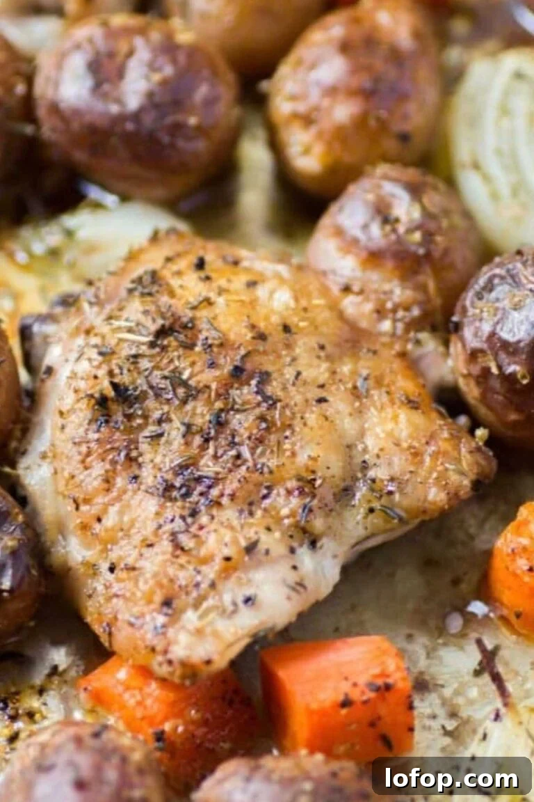 A roasted chicken thigh with crispy skin, accompanied by caramelized butternut squash on a decorative plate.
