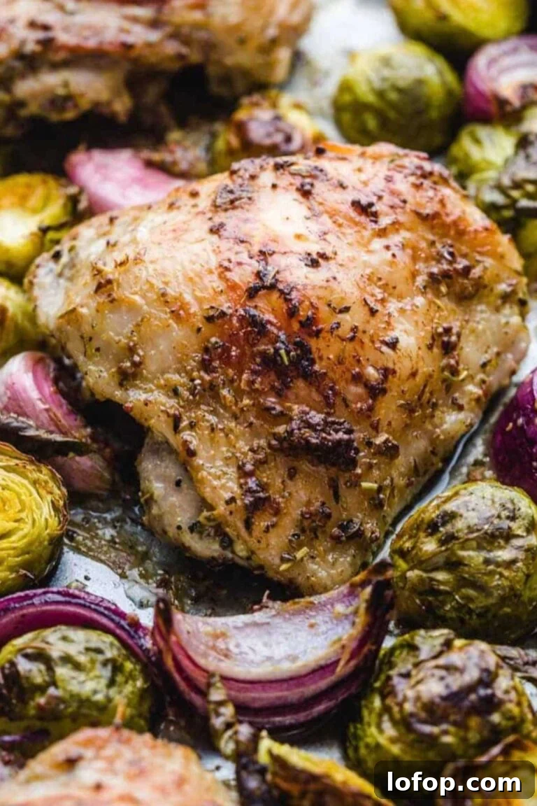 Oven-roasted chicken thighs with a crispy, seasoned skin, served with Brussels sprouts and red onion wedges on a sheet pan.