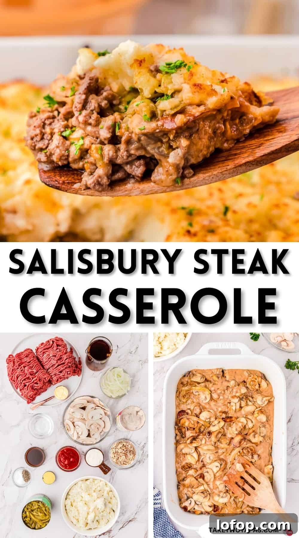 Hearty Salisbury Steak Casserole with Savory Brown Gravy 15 Pinterest pin image for salisbury steak casserole