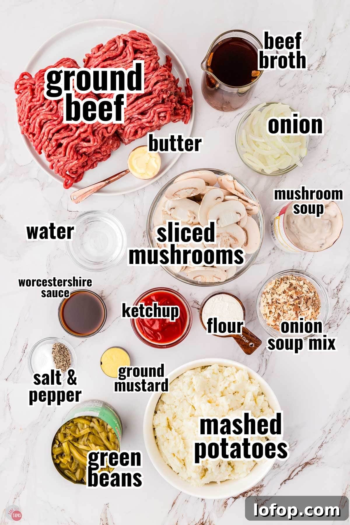 Hearty Salisbury Steak Casserole with Savory Brown Gravy 3 ingredients for a ground beef casserole in individual bowls with text overlay labeling them