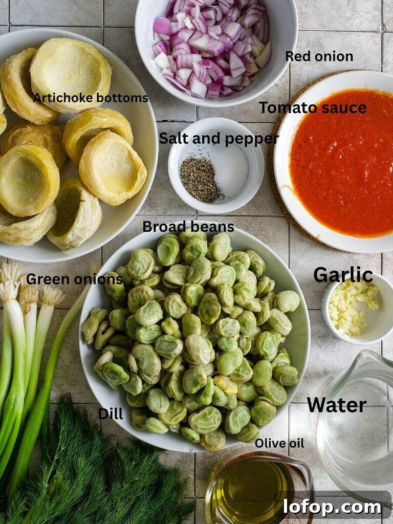 Ingredients for Greek artichokes with fava beans which include Artichoke bottoms, red onion, salt and pepper, tomato sauce, garlic, water, olive oil, green onions, dill and broad beans.