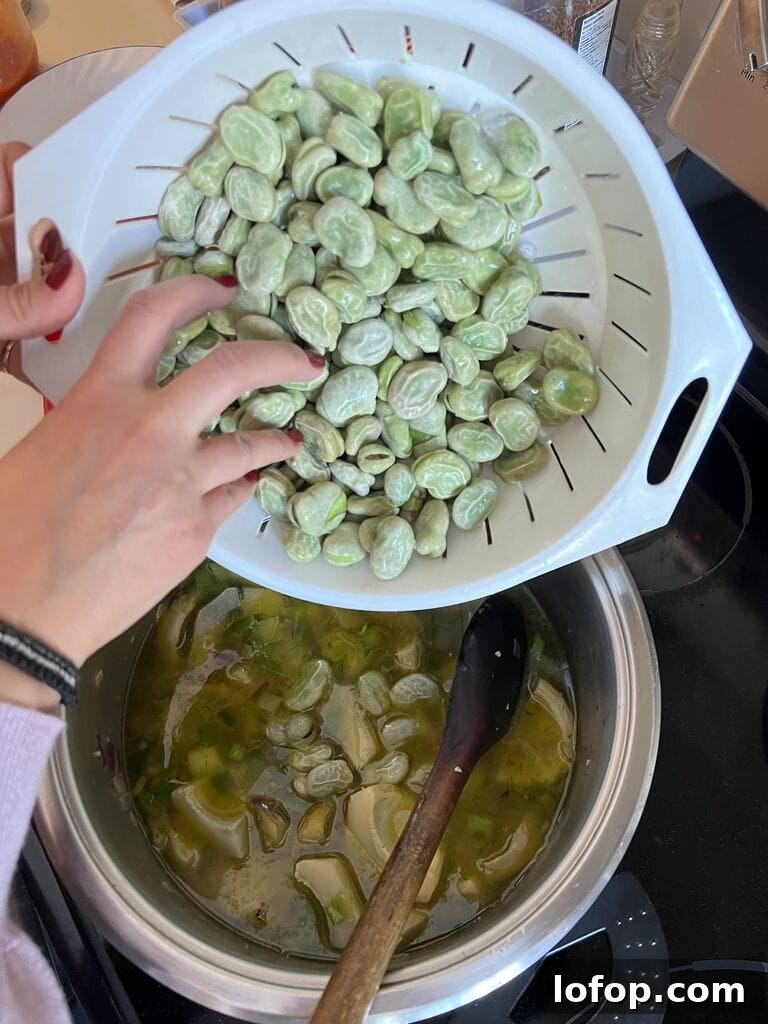 Adding the broad fava beans to the pot.