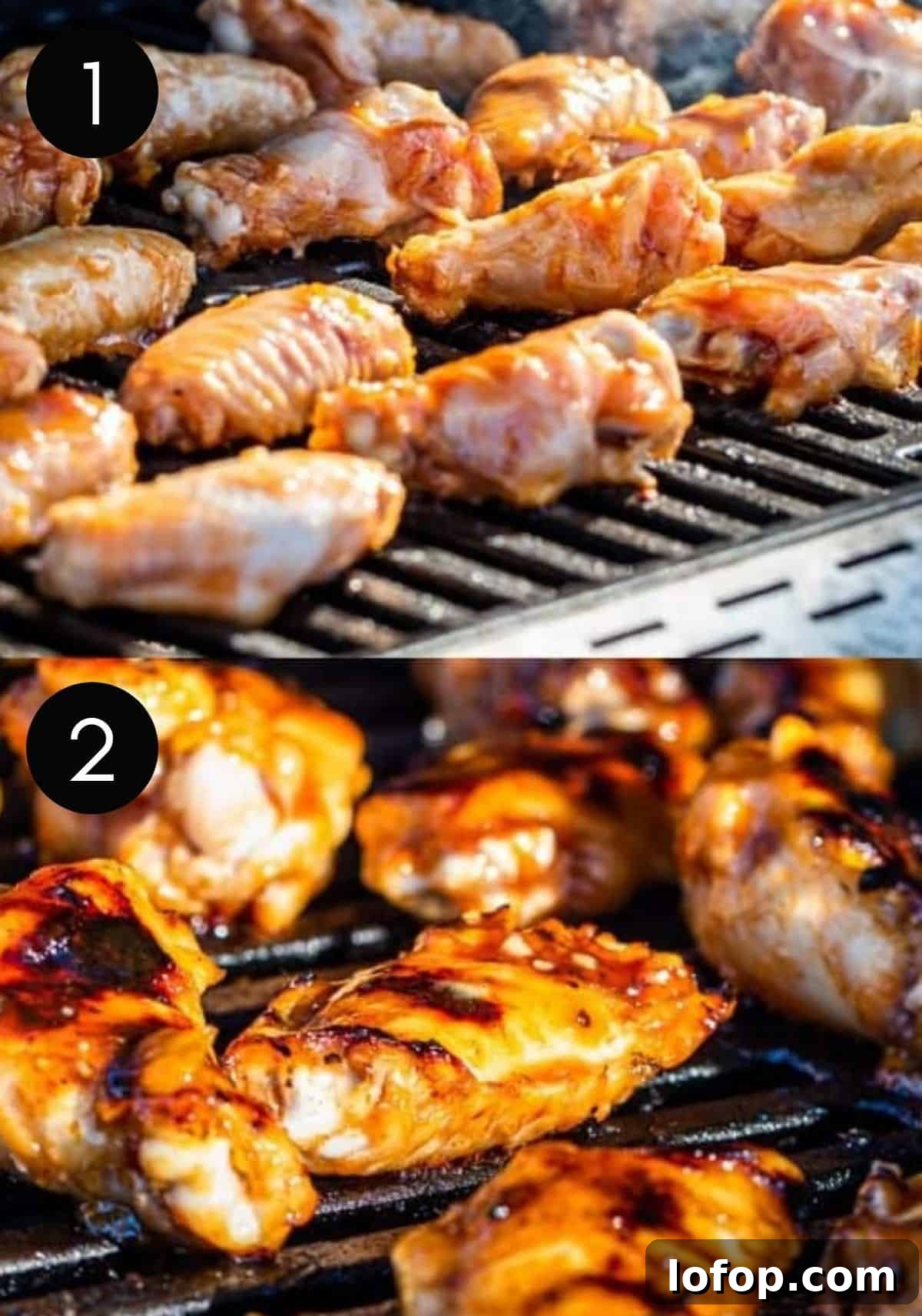Two image collage showing chicken wings being grilled