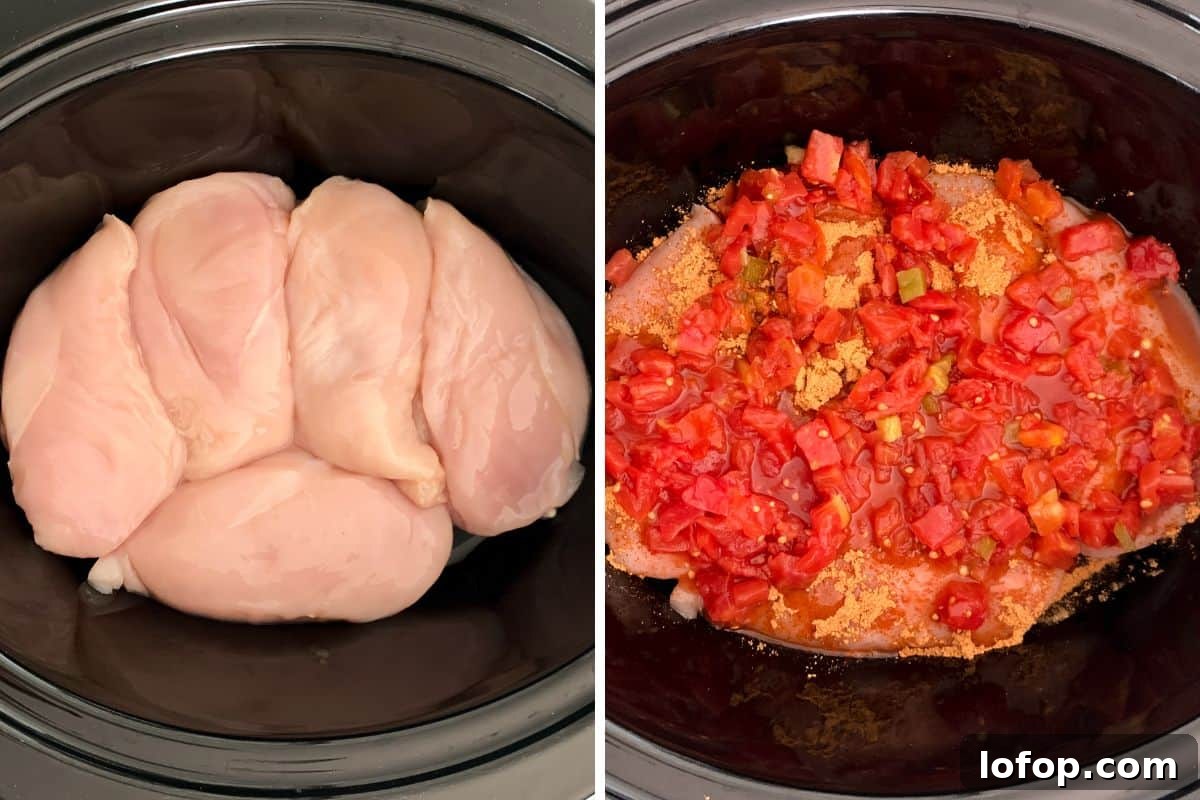 Two image collage of chicken breasts in the slow cooker topped with taco seasoning and rotel.