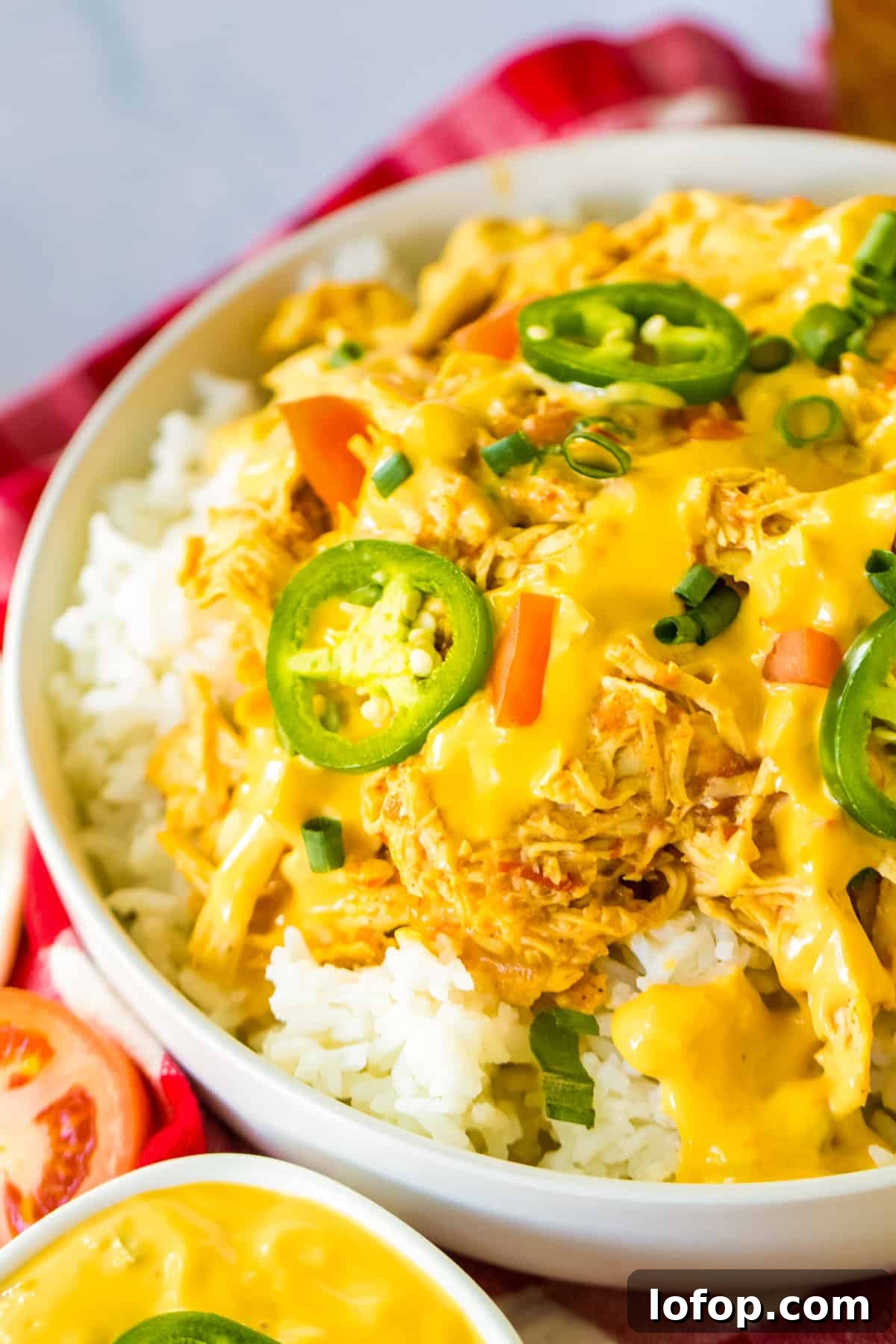 Bowl of 4-ingredient slow cooker queso chicken served on top of white rice with green onions and sliced jalapenos.
