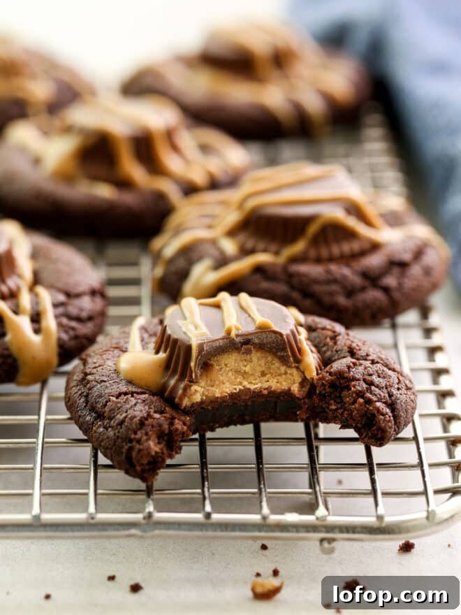 Irresistible Chocolate Peanut Butter Cup Cookie Recipe 4 close up of a bite taken out of chocolate peanut butter cup cookie