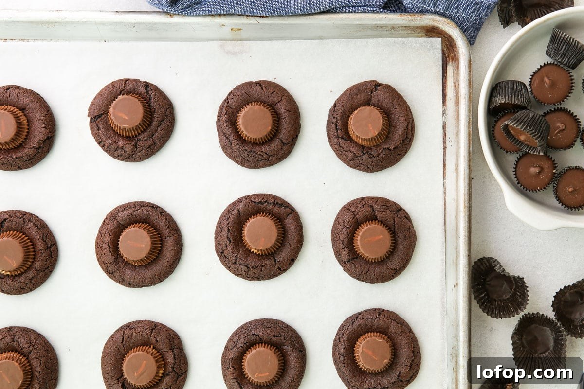 Irresistible Chocolate Peanut Butter Cup Cookie Recipe 7 pressing peanut butter cups into chocolate cookies