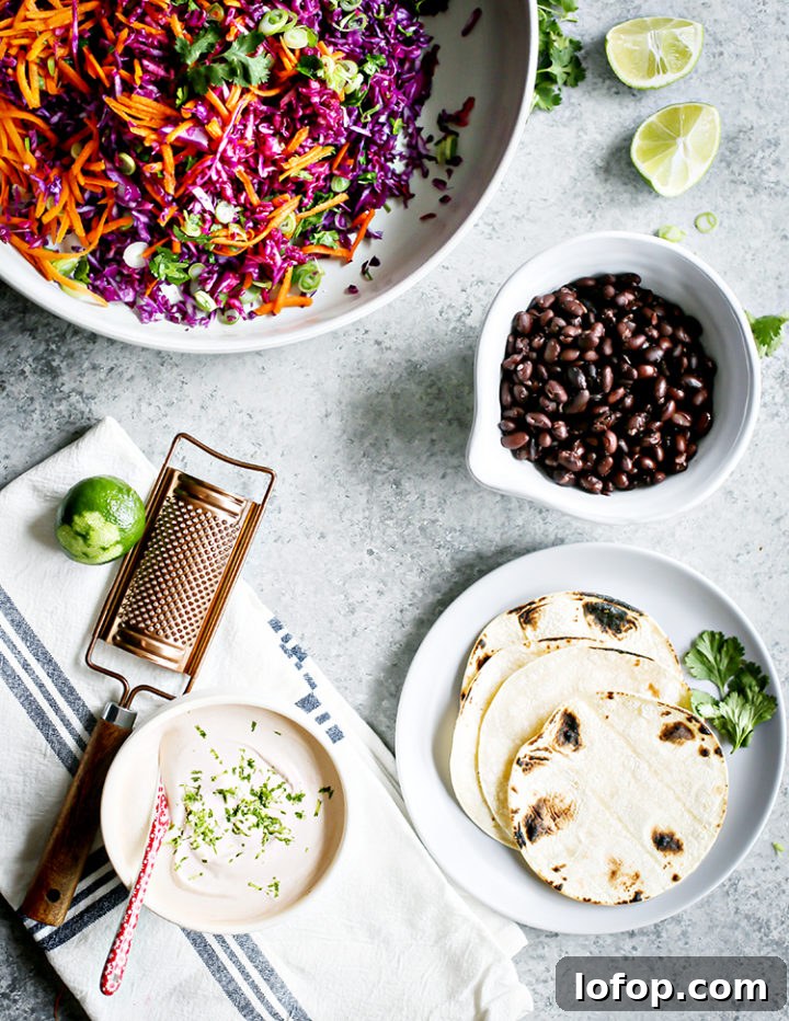 Crispy Black Bean Tacos with Cilantro-Lime Slaw 3 overhead photo of ingredients to make black bean tacos