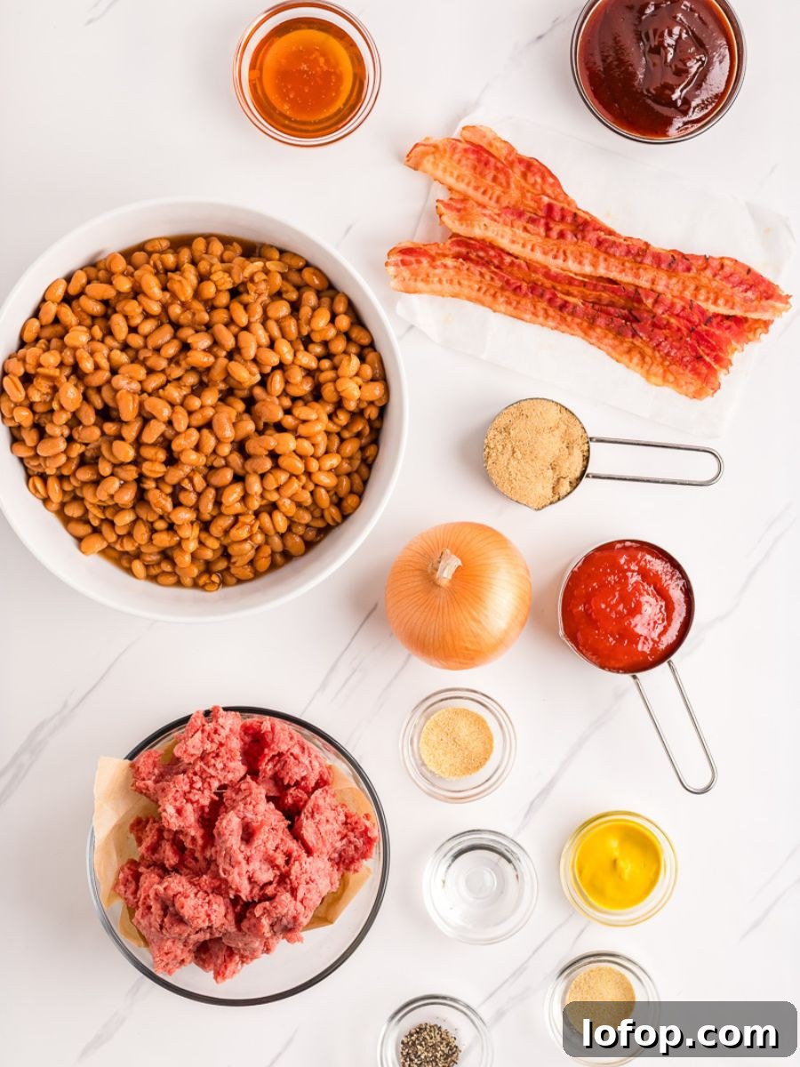 Hearty Baked Beans with Ground Beef — Stovetop, Oven or Slow Cooker 5 Ingredients for baked beans recipe laid out in bowls on a countertop.