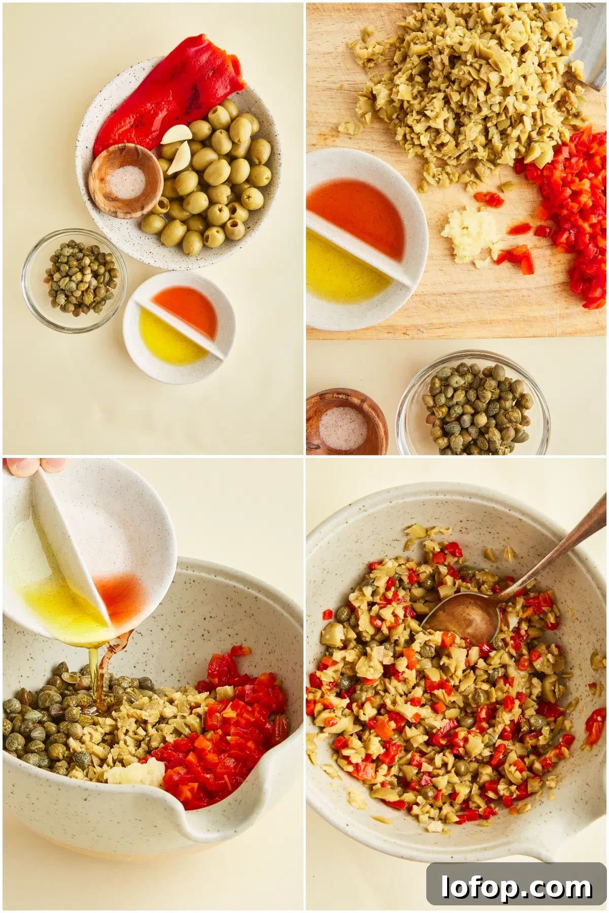 Four image collage shows how to make tapenade: chop the ingredients in uniform pieces, add to a bowl with olive oil and vinegar, stir to combine.