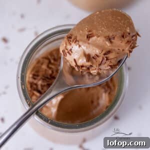 Creamy Cottage Cheese Chocolate Pudding Recipe 10 A spoonful of chocolate pudding on top of the glass serving dish of pudding.