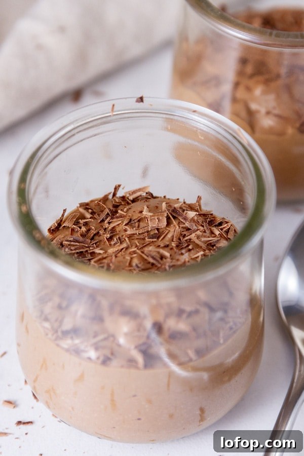 Creamy Cottage Cheese Chocolate Pudding Recipe 3 two glass jars with chocolate pudding inside topped with chocolate shavings.