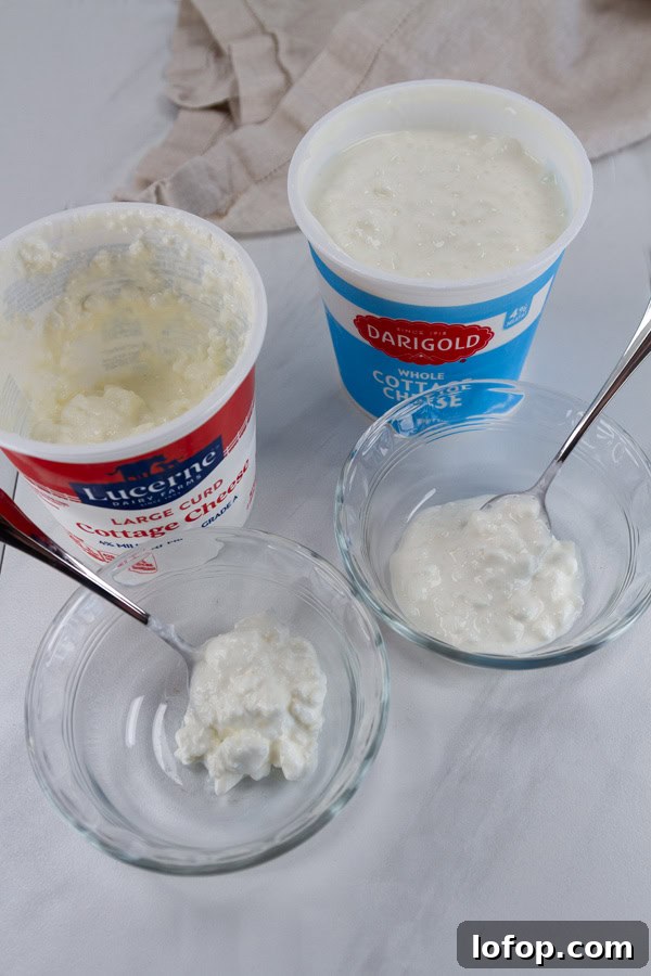 Creamy Cottage Cheese Chocolate Pudding Recipe 4 two different brands of cottage cheese in the containers and spooned out into dishes.