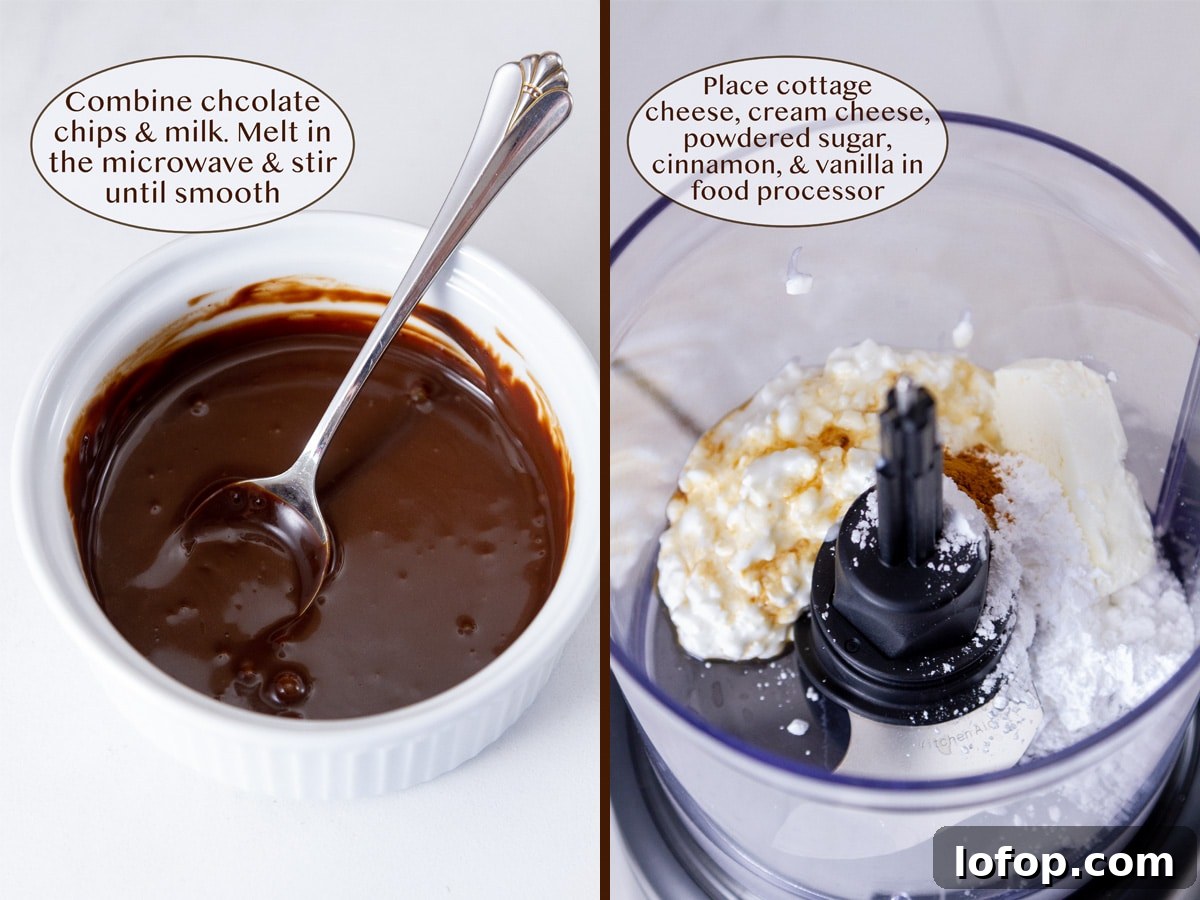 Creamy Cottage Cheese Chocolate Pudding Recipe 5 melted chocolate in a white dish on left, and cottage cheese in a blender on right.