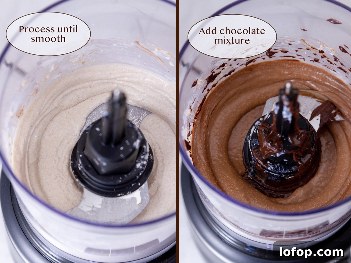 Creamy Cottage Cheese Chocolate Pudding Recipe 6 whipped cottage cheese in a food processor on left and with melted chocolate added in on right.