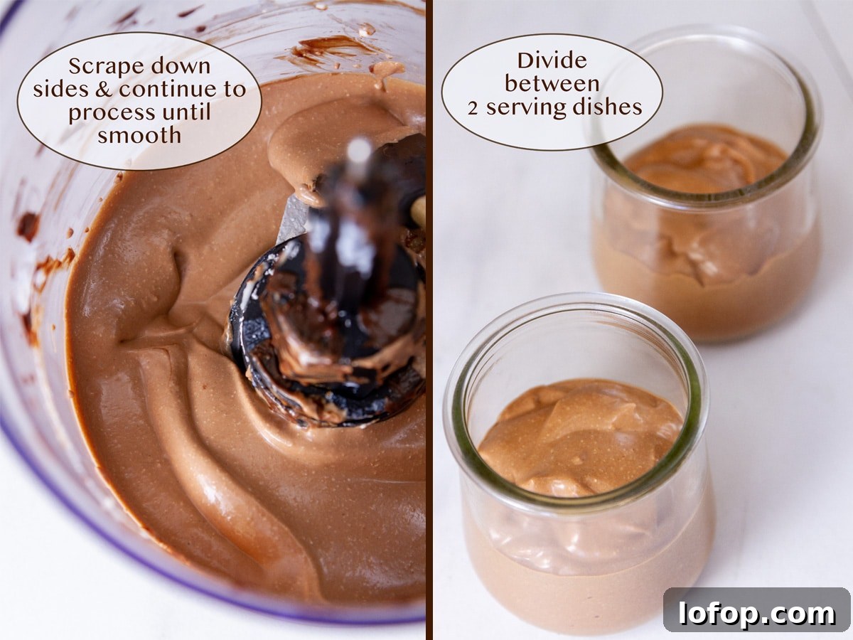 Creamy Cottage Cheese Chocolate Pudding Recipe 7 whipped chocolate cottage cheese pudding in a food processor on left and in serving dishes on right.