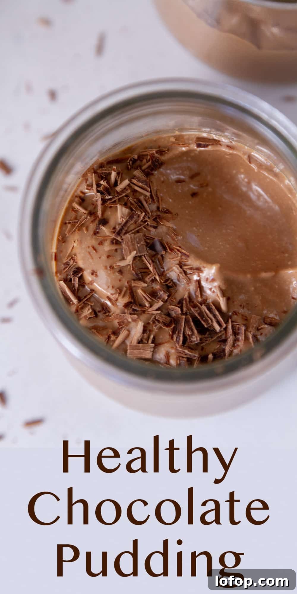 Creamy Cottage Cheese Chocolate Pudding Recipe 9 looking down into a jar with healthy chocolate pudding in it.