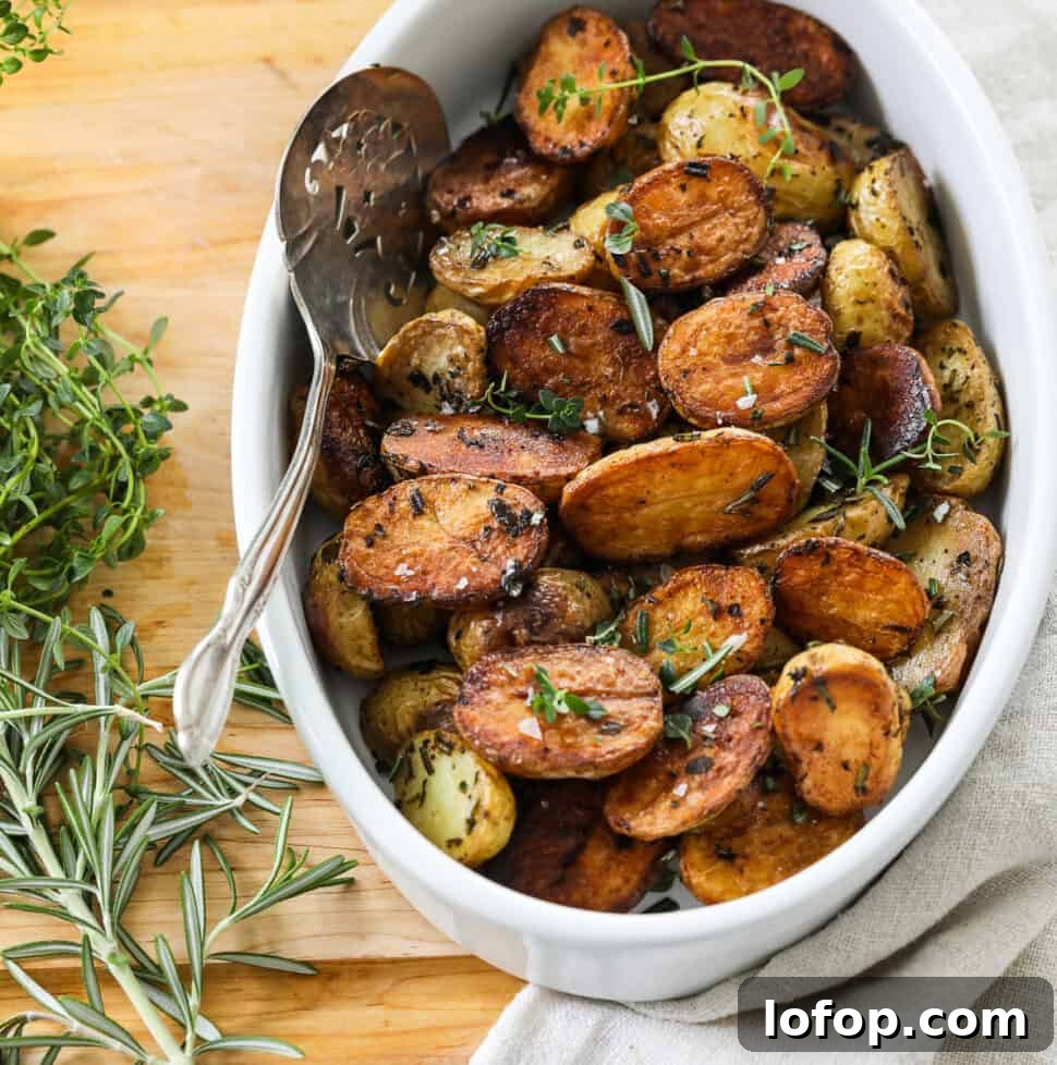 Crispy Oven-Roasted Potatoes with Garlic and Herbs 24 A white oval dish filled with golden brown roasted baby potato halves with a silver serving spoon.