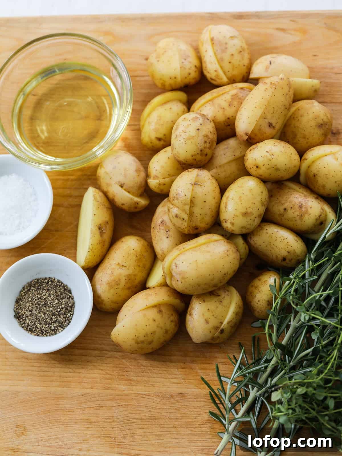Crispy Oven-Roasted Potatoes with Garlic and Herbs 6 Baby potatoes cut in half on a cutting board with a bunch of fresh herbs, seasoning and olive oil.