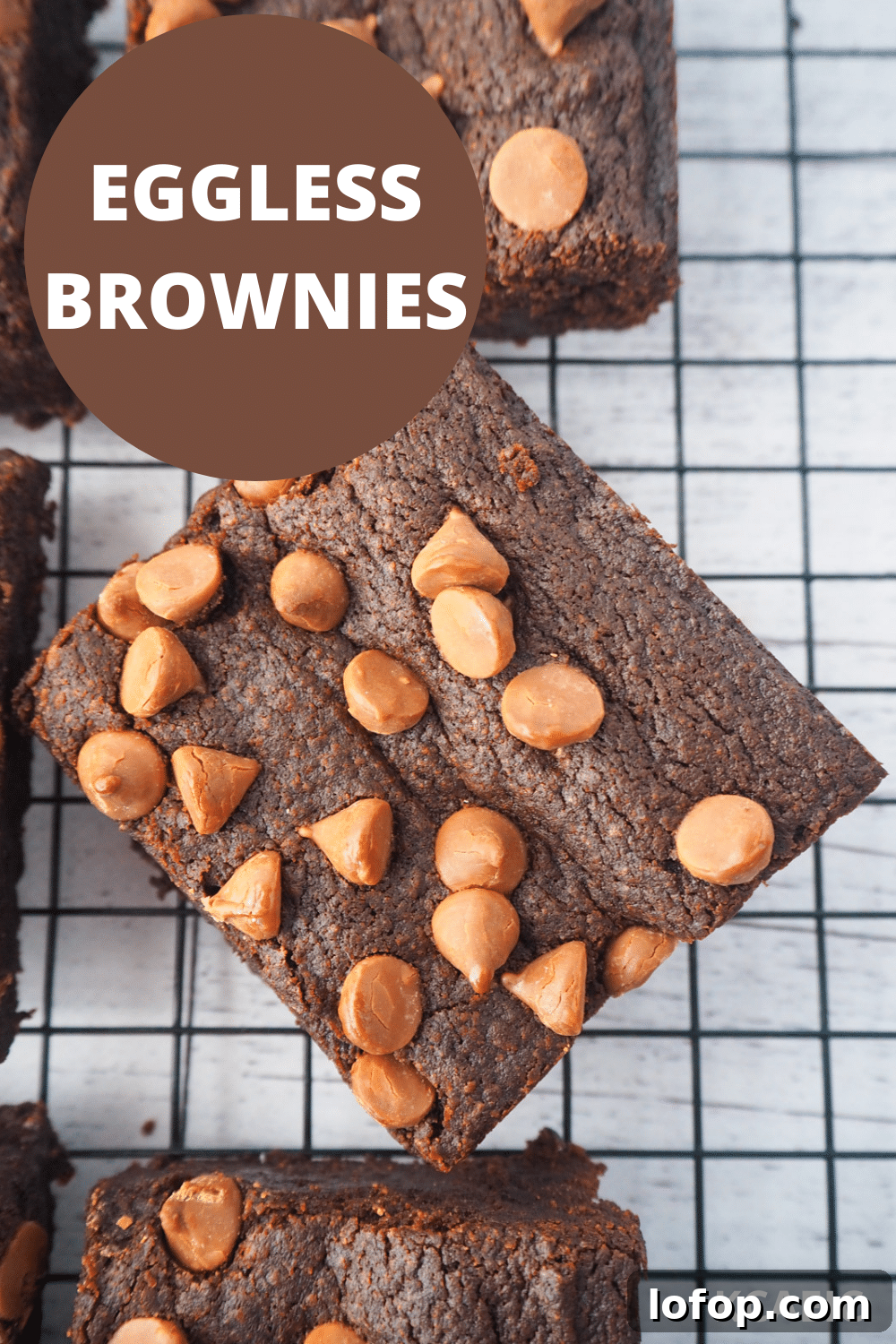 Decadent Egg-Free Brownies Recipe for Fudgy Chocolate Bliss 17 Close up top down view of eggless brownies with text overlay, eggless brownies, KCAEIC.