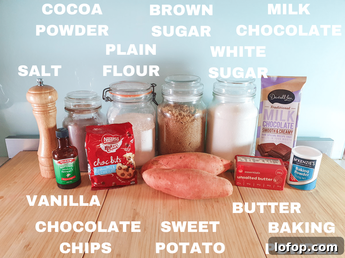 Decadent Egg-Free Brownies Recipe for Fudgy Chocolate Bliss 3 Eggless brownie ingredients, vanilla, salt, cocoa powder, milk chocolate chips, plain flour, sweet potato, brown sugar, white sugar, unsalted butter, milk chocolate, baking powder.