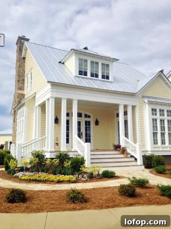 yellow house with a silver metal roof color