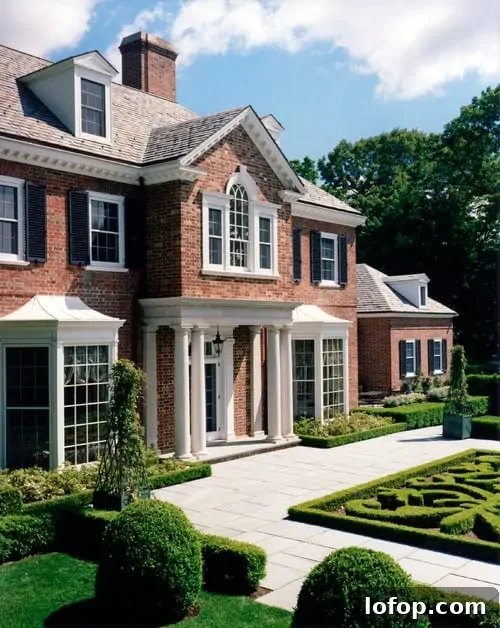 red brick house with brown roof shingle color