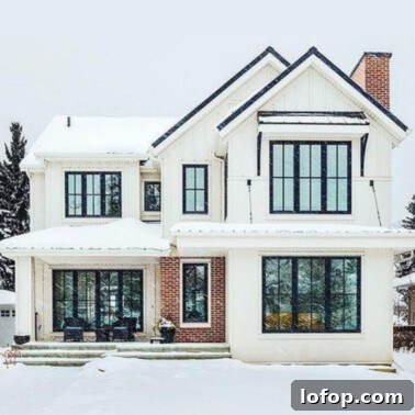 black windows frames on a modern farmhouse as a house building idea
