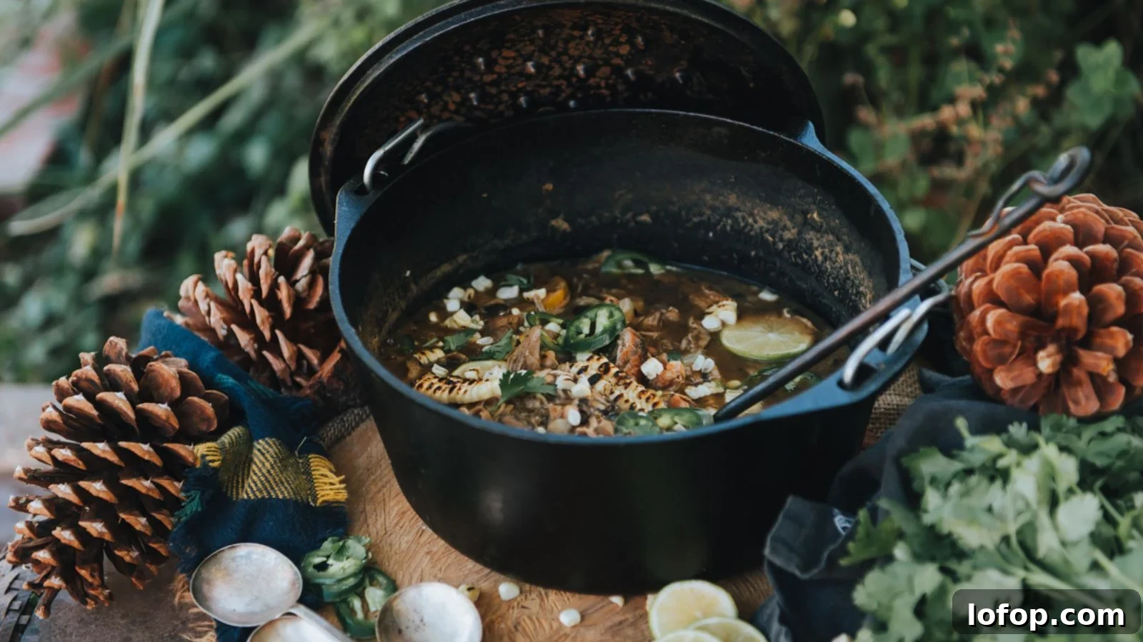 12 Epic Chili Recipes for Game Day Crowd-Pleasing Flavor 6 A pot of stew with meat, corn, and jalapeños surrounded by cilantro, pine cones, and lime slices, placed on a wooden surface.