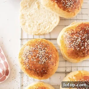 Perfectly Soft Homemade Burger Buns Recipe 11 Wire rack with seeded burger buns. White background.