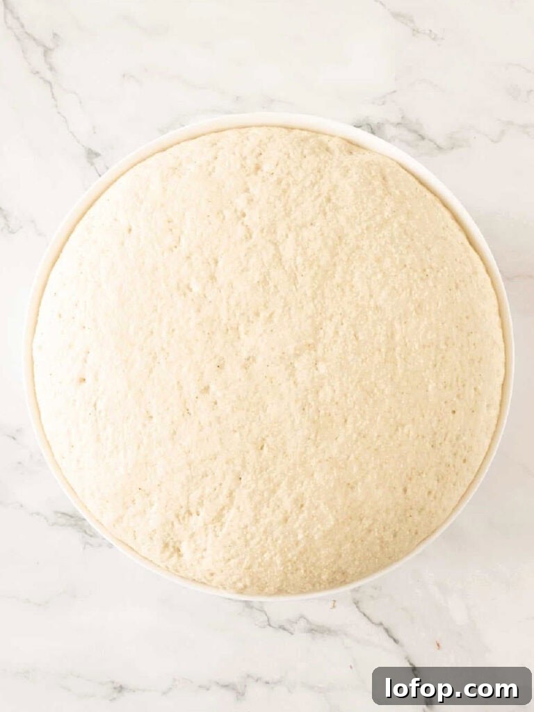 Perfectly Soft Homemade Burger Buns Recipe 7 White background with risen bread dough in a glass bowl.