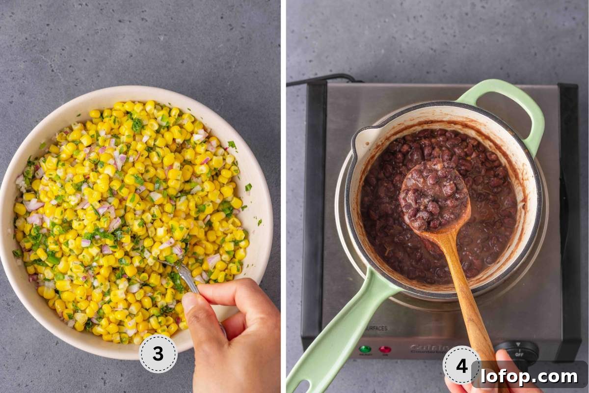 Mixing the corn and cooking the black beans.