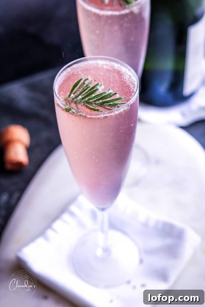 Lavender French 75 cocktail with Lavender sprigs