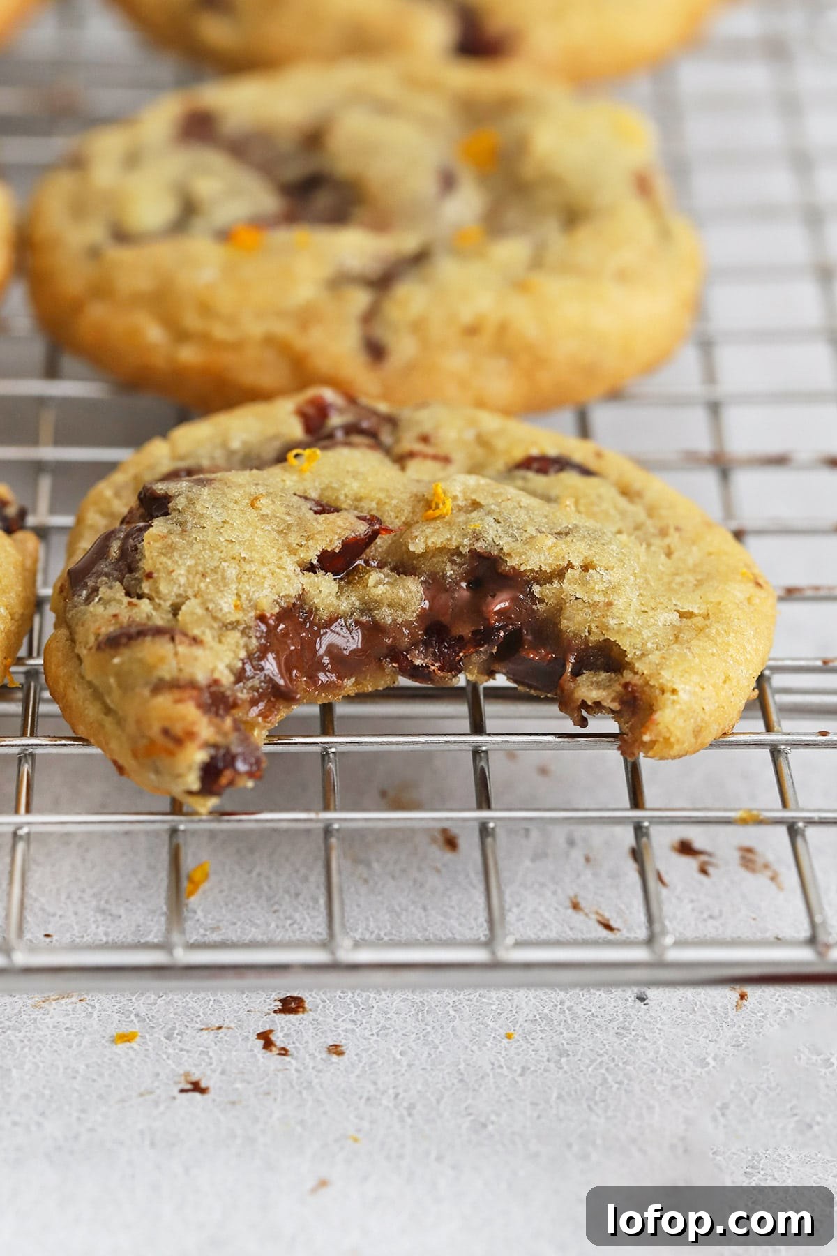 Gluten-Free Orange Cranberry Chocolate Chunk Cookies 3 Front view of a gluten-free orange cranberry chocolate chip cookie with a bite taken out of it, revealing a gooey chocolate center
