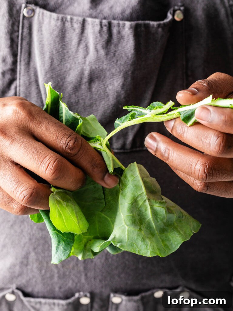 removing stem from collard greens 