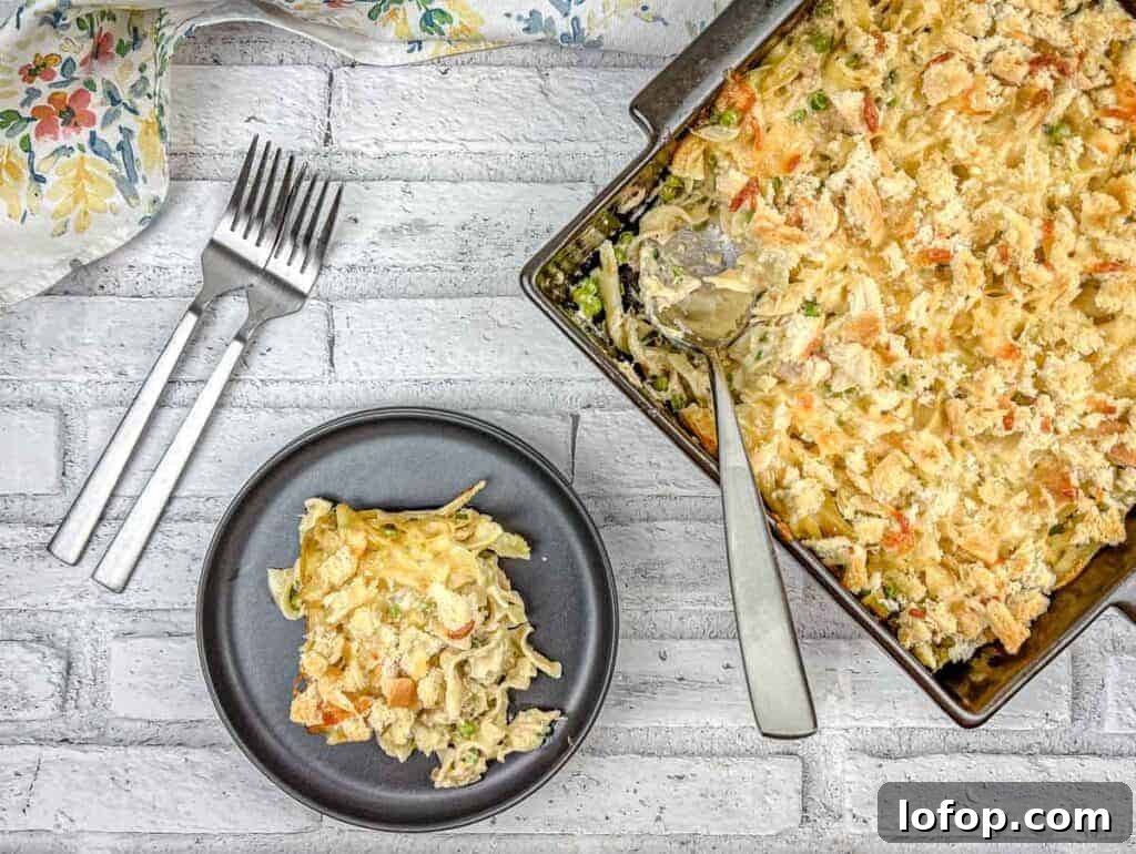 31 Irresistible Seafood Dinners to Add Fish to Your Weekly Menu 13 Top-down shot of Tuna Noodle Casserole on a dish with a small portion on a black plate.