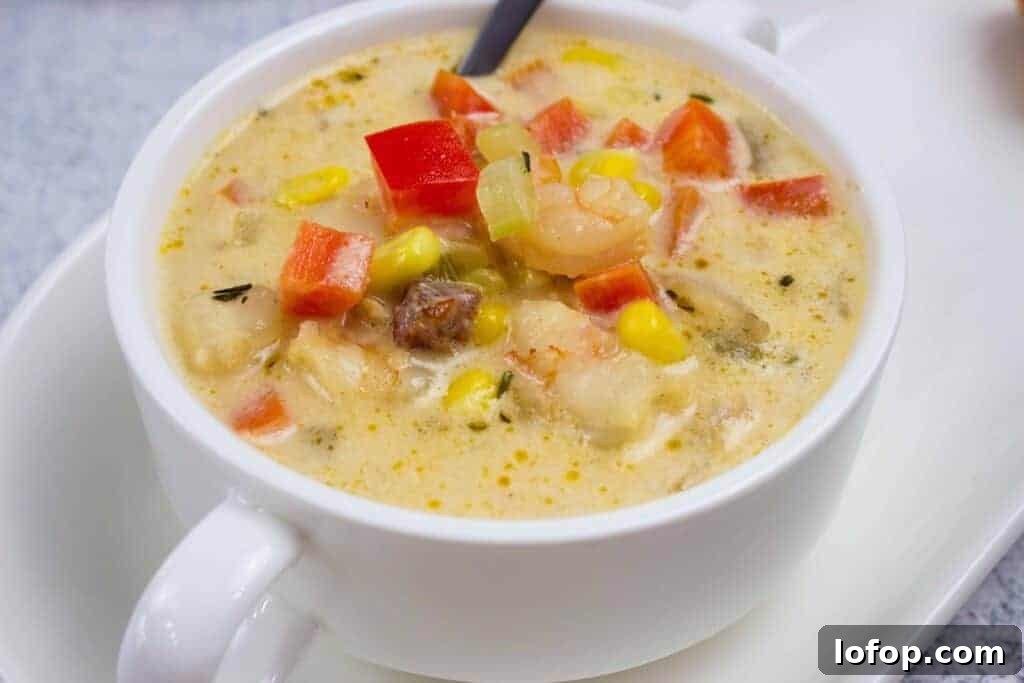 31 Irresistible Seafood Dinners to Add Fish to Your Weekly Menu 14 A white bowl of creamy shrimp & corn chowder on a white plate.