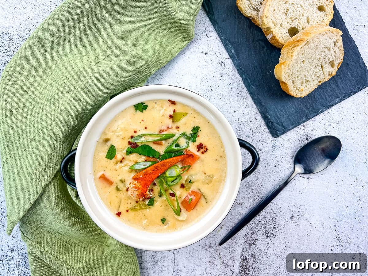 31 Irresistible Seafood Dinners to Add Fish to Your Weekly Menu 28 A bowl of lobster chowder with bread on the side.