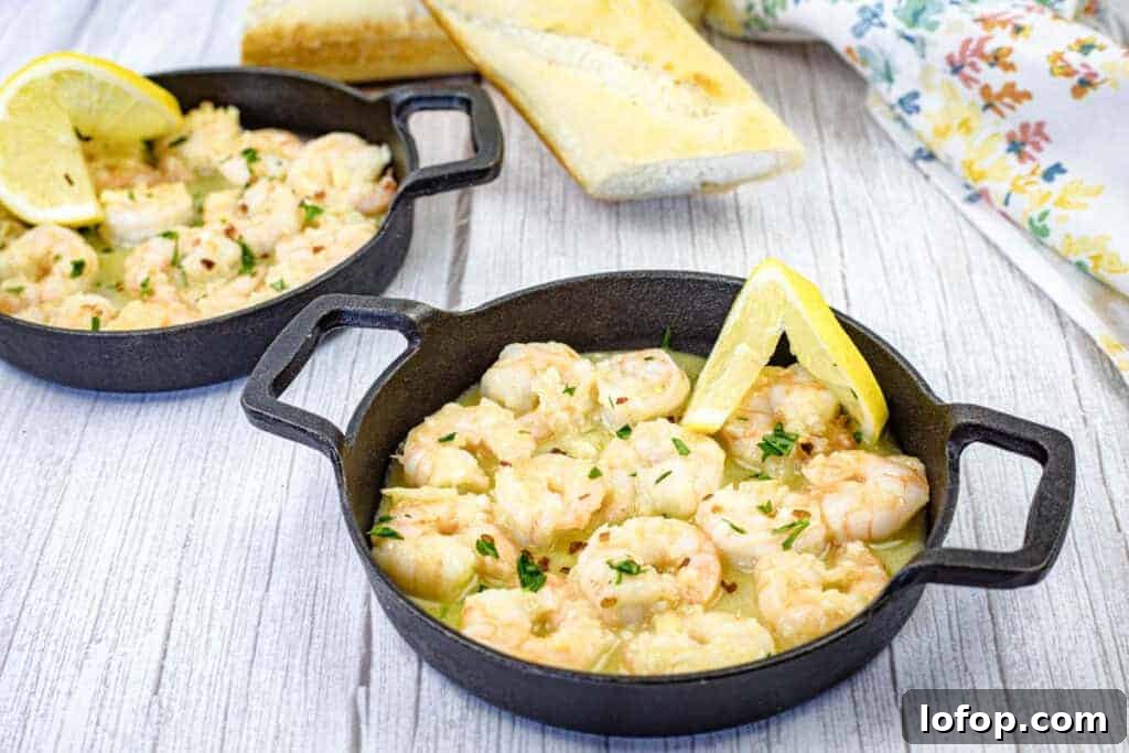 31 Irresistible Seafood Dinners to Add Fish to Your Weekly Menu 6 Two cast iron skillets contain shrimp scampi garnished with lemon wedges.